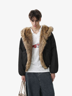Retro Pleated Fur Hooded Padded Jacket - thumbnail 12