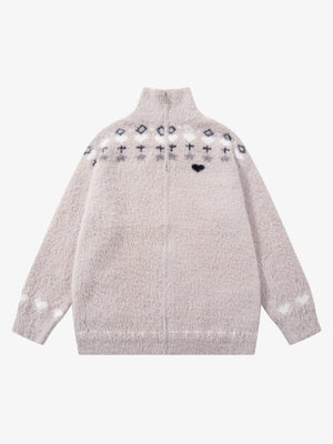 Street Graffiti Heart Pattern Knitted Cardigan Sweater - thumbnail 2