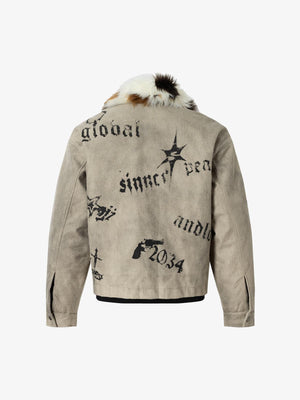 Gothic Letter Print Fur Collar Quilted Cotton Jacket - thumbnail 2