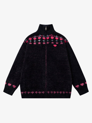 Street Graffiti Heart Pattern Knitted Cardigan Sweater - thumbnail 1