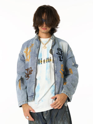 Retro Street Floral Embroidery Washed Zipper Denim Jacket - thumbnail 6