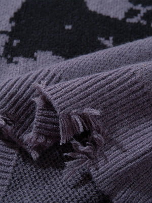 Hip-Hop Dark Skull Frayed-Edge Knit Sweater - thumbnail 20