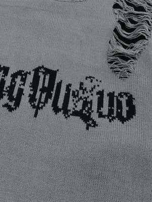 High Street Ripped Raw Edge Knitted Letter Jacquard Sweater - thumbnail 7
