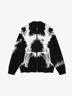Abstract Splatter Jacquard Zip Up Cardigan – Black, front view | XoKool