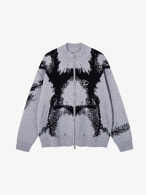 Abstract Splatter Jacquard Zip Up Cardigan – Light Grey, front view | XoKool