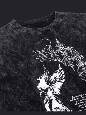 Acid Wash Angel Graphic Tee with Script – collar & graphic close-up | XoKool