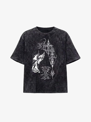 Acid Wash Angel Graphic Tee with Script – front flat (angled) | XoKool
