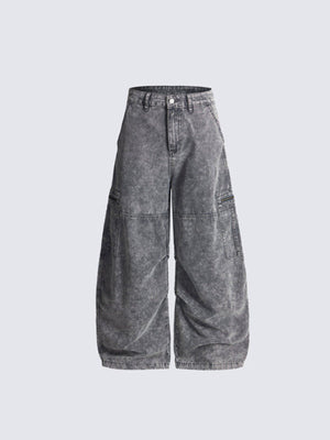 Acid Wash Barrel Leg Jeans mit Reißverschlusstasche – Grau, Vorderansicht | XoKool