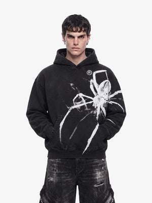 Acid Wash Black Hoodie with Painted Spider Graphic – on model, front | XoKool