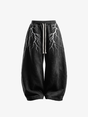 Acid Wash Black Lightning Print Sweatpants – Black, front flat | XoKool