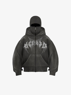 Hoodie con cierre y pasamontañas acid wash – gris oscuro, vista frontal | XoKool