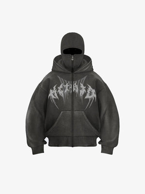 Acid Wash Full Zip Ski Mask Hoodie – Dark Grey, front view | XoKool
