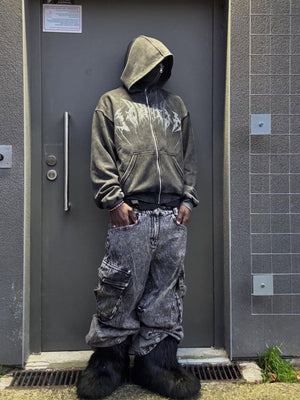 Acid Wash Full Zip Ski Mask Hoodie – on model, front, street | XoKool