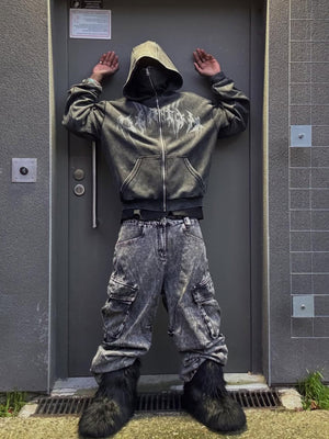 Acid Wash Full Zip Ski Mask Hoodie – on model, front, street | XoKool
