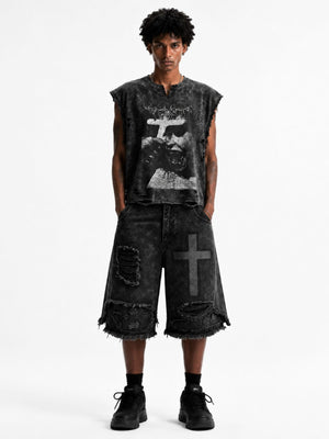 Acid Wash Gothic Cross Sleeveless Graphic Tee – on model, front | XoKool