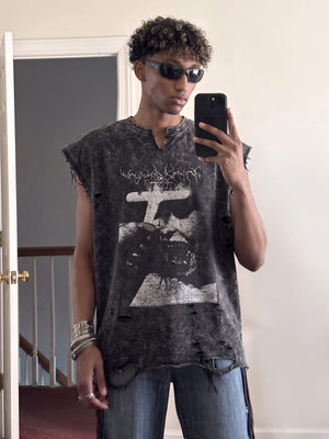 Acid Wash Gothic Cross Sleeveless Graphic Tee – on model, mirror photo | XoKool