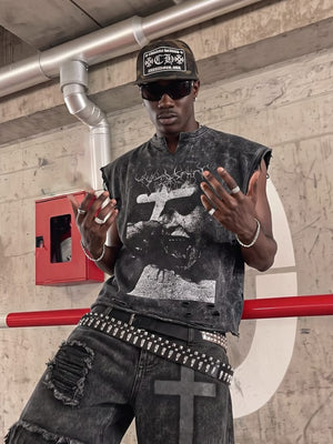 Acid Wash Gothic Cross Sleeveless Graphic Tee – street photo, on model | XoKool
