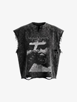 Acid Wash Gothic Cross Sleeveless Graphic Tee – Washed Black, front | XoKool