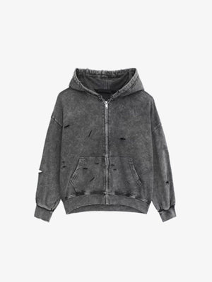 Acid Wash Grey Distressed Zip Up Hoodie – Grey, front view | XoKool