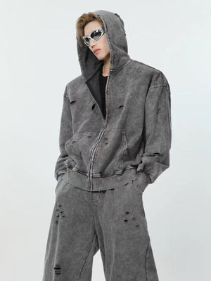 Acid Wash Grey Distressed Zip Up Hoodie – on model, front | XoKool