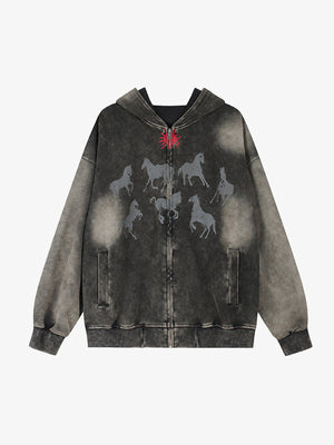 Acid Wash Zip Hoodie mit Pferde-Print – Vorderansicht | XoKool