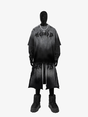 Acid Wash Layered Metal Font Long Sleeve Tee – Black, on mannequin, full outfit | XoKool