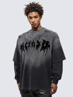Acid Wash Layered Metal Font Long Sleeve Tee – Black, on model front | XoKool