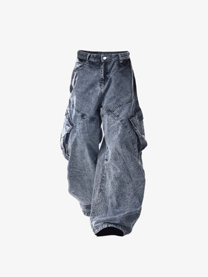 Acid Wash Wide Leg Cargo Jeans – front side view flat | XoKool