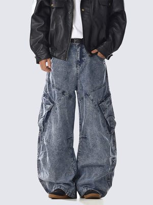 Acid Wash Wide Leg Cargo Jeans – on model, front | XoKool