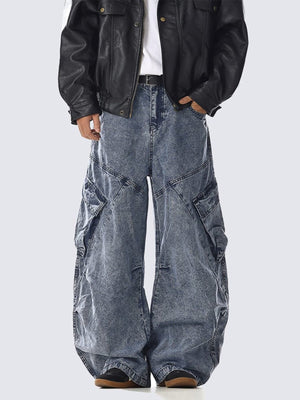 Acid Wash Wide Leg Cargo Jeans – am Model, von vorne | XoKool
