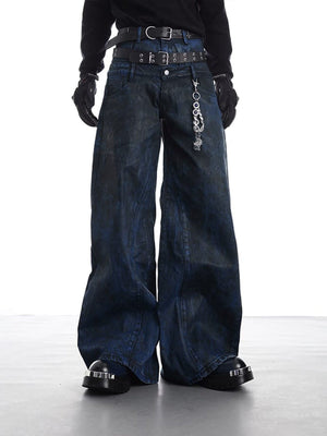 Acid Wash Wide Leg Jeans – Blau am Model, Vorderansicht mit Kette | XoKool