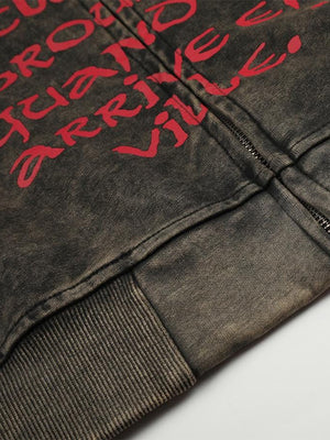 Acid wash zip up hoodie – hem and text close-up | XoKool