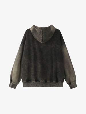 Acid Wash Zip Up Hoodie with Red Script Print – Washed black, back flat | XoKool
