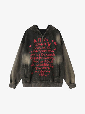 Acid Wash Zip Hoodie mit rotem Schriftzug – Washed Schwarz, Vorderseite flach | XoKool