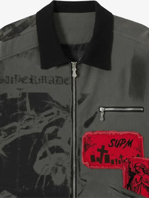 Retro Patchwork And Graphic Print Gothic Zipper Jacket - thumbnail 4