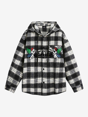Vintage Black And White Plaid Angel Embroidered Hooded Shirt - thumbnail 1