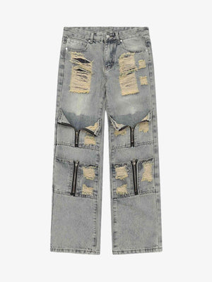 Light Wash Ripped Straight Jeans mit Reißverschluss-Einsätzen – Vorderseite flach | XoKool