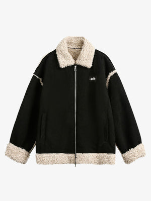 Schwarze Cordjacke mit Teddyfell-Kragen – Schwarz, Vorderansicht | XoKool