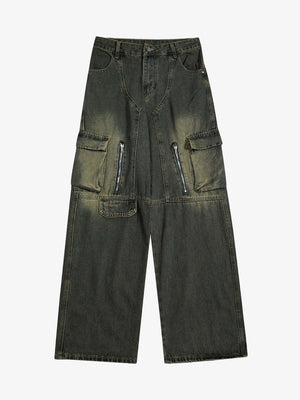 Oliv Cargo Jeans mit Reißverschlusstaschen – Oliv Washed, Vorderseite flach | XoKool