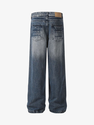 Loose Straight Leg Jeans with Crinkle Wash – Blue, back flat | XoKool