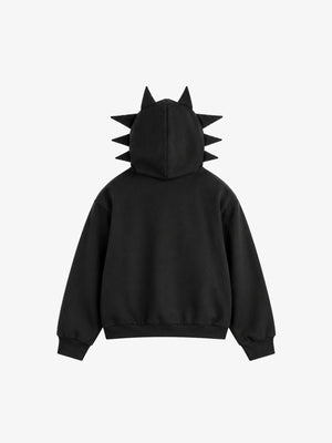 Zip Hoodie mit Engel-Grafik und Spikes an der Kapuze – Schwarz, Rückansicht | XoKool