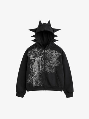 Zip Hoodie mit Engel-Grafik und Spikes an der Kapuze – Schwarz, Vorderansicht | XoKool