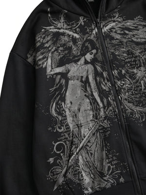Zip Hoodie mit Engel-Grafik und Spikes an der Kapuze – Nahaufnahme Engel-Grafik vorne | XoKool
