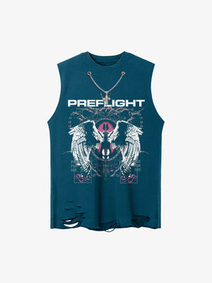 Tanktop mit Engelsflügel-Totenkopf und Kreuzkette – Petrol, Vorderansicht | XoKool