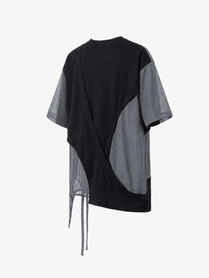 Asymmetric Mesh Panel T-Shirt with Hem Straps – Black, front angle view | XoKool