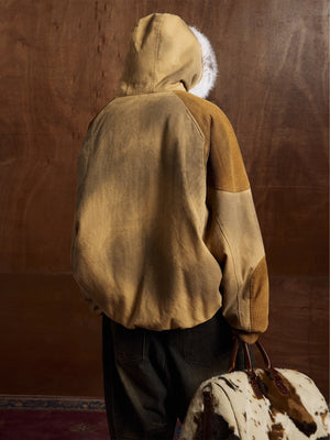 Street Vintage Fog-Dyed Fur Collar Patchwork Hooded Padded Jacket - thumbnail 10
