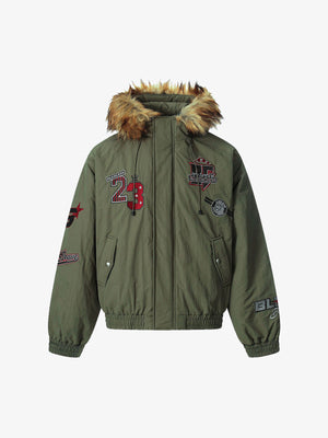 Retro Badge Embroidered Fur Collar Bomber Jacket - thumbnail 1