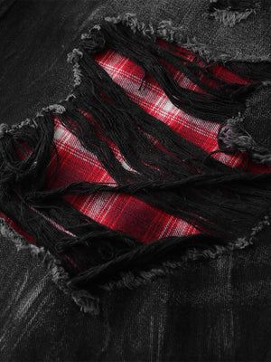 Jorts negros desgastados de cuadros – detalle del rotos de cuadros rojos | XoKool