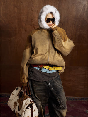 Street Vintage Fog-Dyed Fur Collar Patchwork Hooded Padded Jacket - thumbnail 5