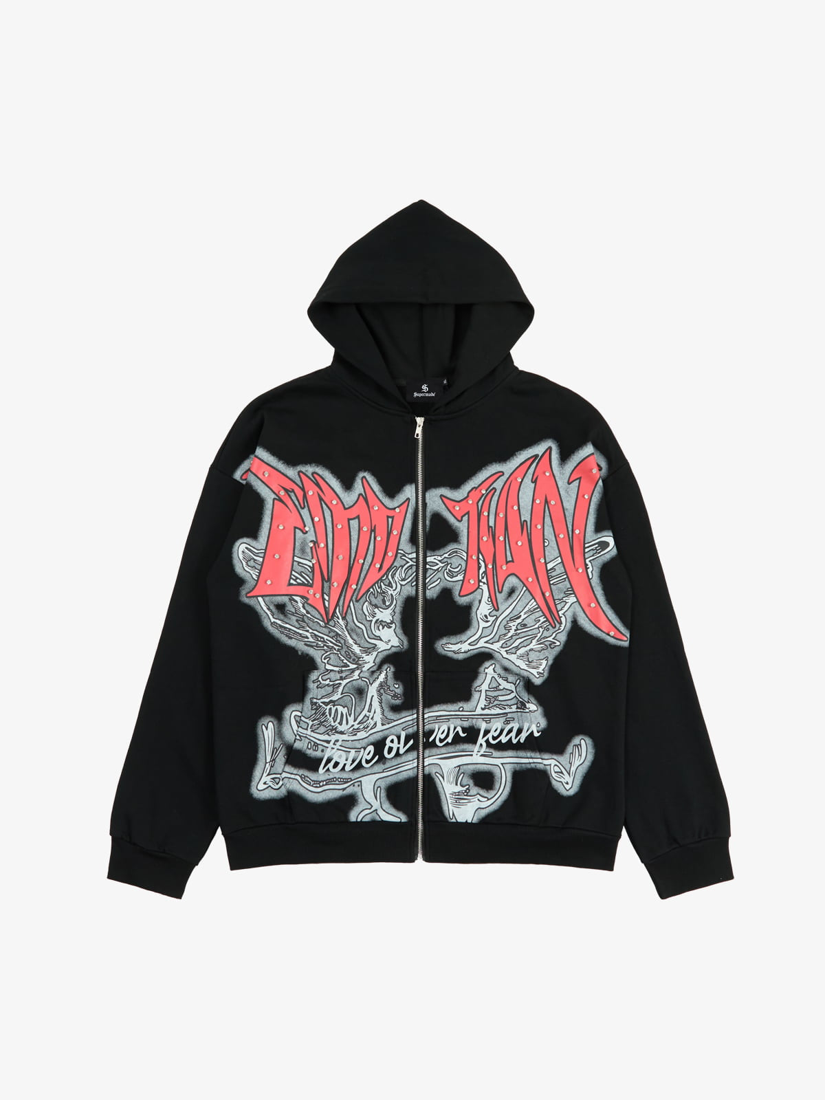 Retro Gothic Print Rhinestone Zip-Up Hoodie